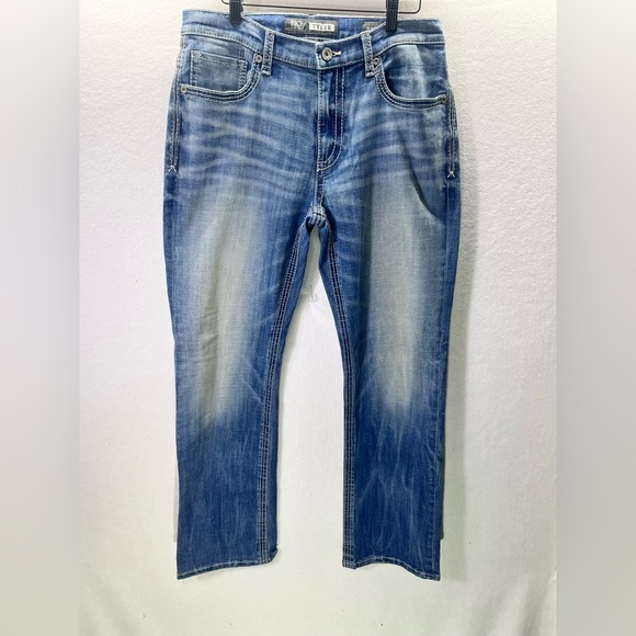 BKE Buckle Tyler Straight Leg Jeans Mens 32R Stretch Blue Denim Stiched 1939 - Picture 1 of 10